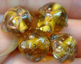 Aventurina GLASS BEADS Japanese Vintage Brownish Yellow 11mm pkg4 gl345