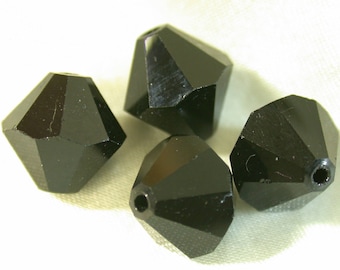 Vintage AUSTRIAN BLACK CRYSTAL Bicone Faceted Beads 10mm pkg4 gl44