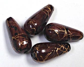 Vintage LUCITE Beads BROWN PEARSHAPE Gold Swirls 19x9 mm pkg4 res463