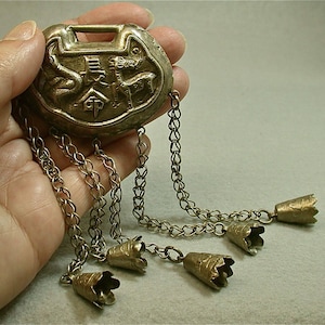 ANTIQUE Chinese SILVER LOCK Qing Dynasty Repousse Symbolic with Bells L5