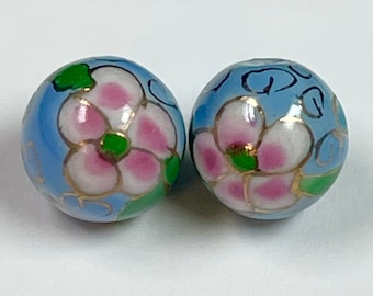 PORCELAIN BEADS Chinese Vintage Blue with Pink Roses 12mm pkg2 POR111