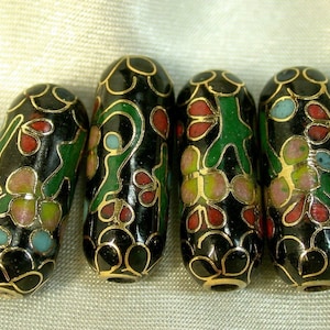 GUILLOCHE CLOISONNE Vintage Beads Chinese Black 15mm pkg 4 clo56