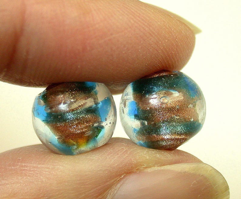 Vintage AVENTURINA Glass Beads Italian Blue Copper 10.5mm pkg4 gl336 image 2