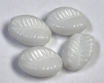 Vintage German Pressed Glass Beads WHITE LEAVES 10.5 x 7.5 mm pkg4 gl906