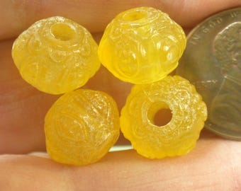 Vintage LUCITE BEADS Yellow Etched Hexagon Abacus 11mm pkg4  res126