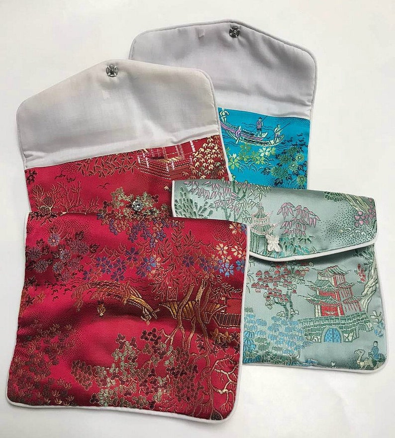 Vintage SILK PURSES Chinese Brocade Jewelry Pouches 5x6 pkg4 PURSE1 image 2