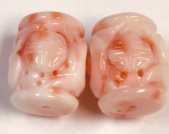 ANGEL SKIN CORAL Pink Barrel Beads Carved 17.3gms Vintage pkg2 cor58