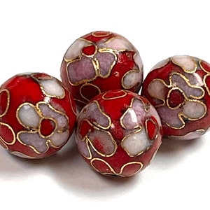 CLOISONNE Vintage Chines beads Orangy RED Pink Flowers 10mm PKG4 CLO2