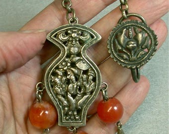 Antique Chinese Ornament Qing Dynasty Silver Amulet Carnelian Beads N6