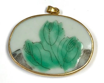 ANTIQUE Chinese PORCELAIN Shard PENDANT Qing Dynasty Green Leaves pt2