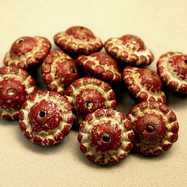 Vintage Lucite Abacus RUFFLED Spacer Beads RED 12mm pkg12 res348