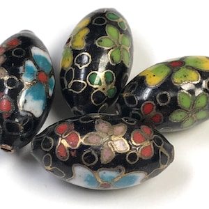 CLOISONNE BEADS Chinese Black Oval Multicolored Flowers Vintage 19mm pkg4 clo90