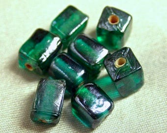 Vintage CZECH GLASS BEADS Rectangular Green Iridescent 8mm pkg6 gl343