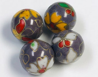 Vintage Chinese CLOISONNE Purple Beads White Flowers 12mm pkg4 clo109