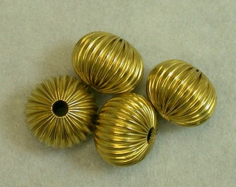 Gold Plated Brass Beads Yellow RIBBED 14mm pkg4  m73