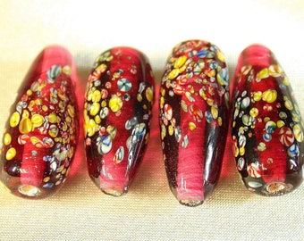 Vintage Japanese MILLEFIORI GLASS Beads Red TEARDROP  21mm pkg4 gl4