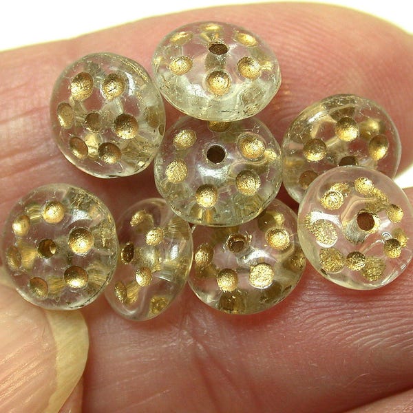 Vintage German Glass SPACER BEAD Gold Dots 8.5mm pkg8 gl724