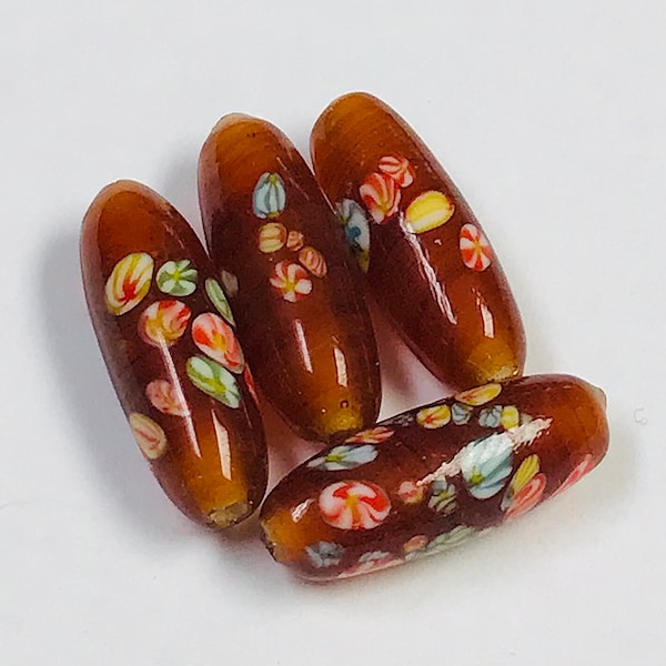 VINTAGE Japanese Lampwork Glass MILLEFIORI Beads Amber Ovals 20x7mm pkg 4 gl92