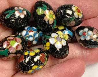 Vintage Chinese Cloisonne Black OVAL FOCAL Beads White Green Yellow Flowers 23mm pkg2 clo104