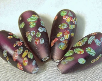 MILLEFIORI Japanese GLASS BEADS Vintage Purple Teardrop 22mm pkg4 gl1