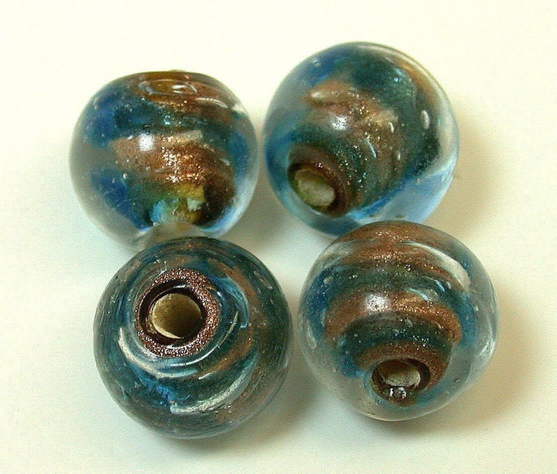 Vintage AVENTURINA Glass Beads Italian Blue Copper 10.5mm pkg4 gl336 image 4