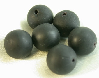 Vintage BLACK FROSTED CRYSTAL Round Glass Beads 12mm pkg6 gl235