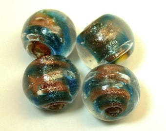 Vintage AVENTURINA Glass Beads Italian Blue Copper 10.5mm pkg4 gl336
