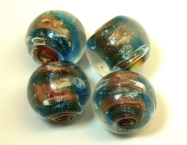 Vintage AVENTURINA Glass Beads Italian Blue Copper 10.5mm pkg4 gl336 image 1