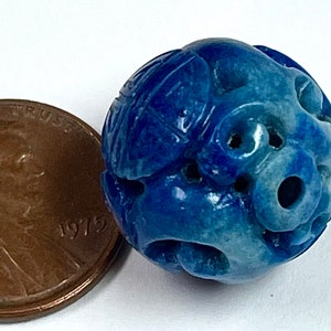 LAPIS LAZULI Vintage Hand Carved Bead SHOU symbol 18mm pkg1 CB6 image 3