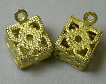 Vintage Metal Bead GOLD Plated SQUARE FILIGREE Dangle 10mm pkg 2 m63