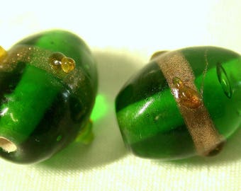 Vintage Glass Beads JAPANESE GREEN AVENTURINA 13mm pkg 4 gl138