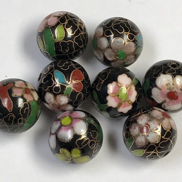 Vintage Chinese Cloisonne Black ROUND FOCAL Beads Flowers 15mm pkg2 clo105P