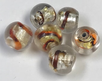 Vintage Venetian Lampwork GLASS BEADS Orange Yellow Brown FOIL 10-12mm pkg6 gl20