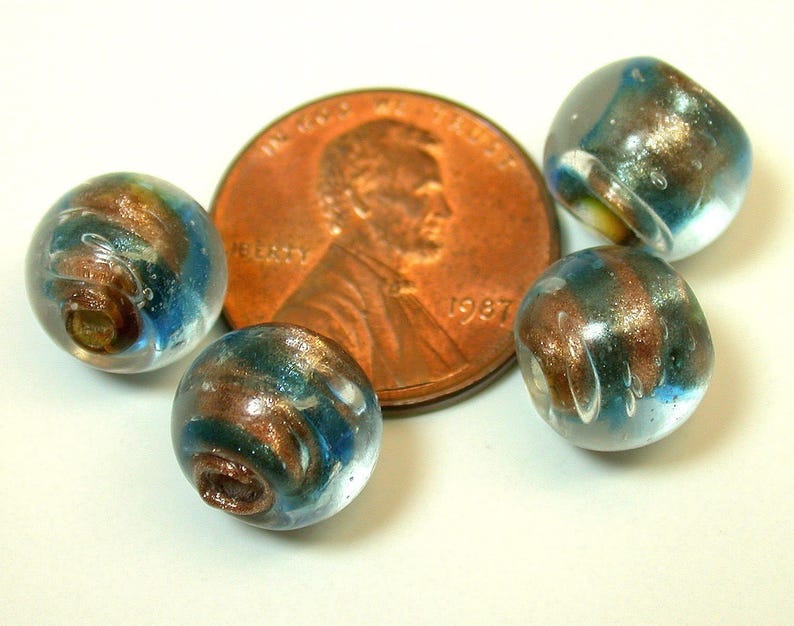 Vintage AVENTURINA Glass Beads Italian Blue Copper 10.5mm pkg4 gl336 image 3