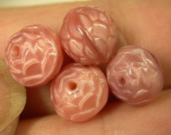 Vintage German GLASS FLOWER BEADS Pink Textured 8.5mm pkg 4 gl505