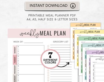 Meal Planner Weekly Grocery List Printable Meal Plan Digital Template Planner Colorful Pages Pink Planner PDF A5 A4 Letter Sizes