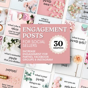 Puede incluir: Un gráfico rosa y blanco con el texto "Engagement Posts for Social Sellers" y "30 Graphics". El gráfico está rodeado de 30 gráficos más pequeños con preguntas para involucrar a los seguidores en las redes sociales. Las preguntas están relacionadas con las preferencias personales, como las películas, los libros y las citas favoritas.