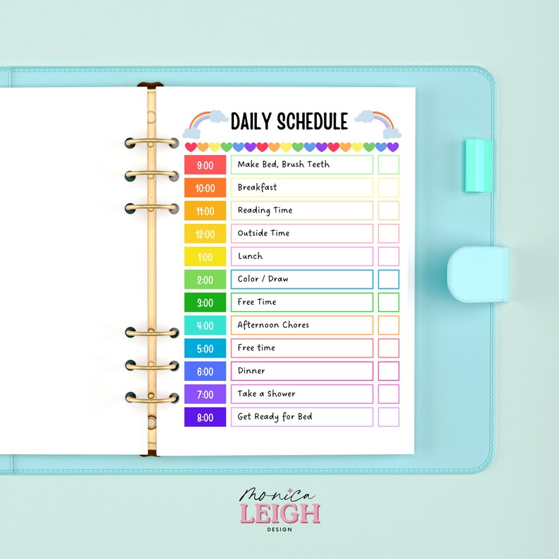 May include: A printable daily schedule planner with a rainbow design and checkboxes for each activity. The schedule includes activities like making the bed, brushing teeth, breakfast, reading time, outside time, lunch, coloring, free time, afternoon chores, dinner, taking a shower, and getting ready for bed.