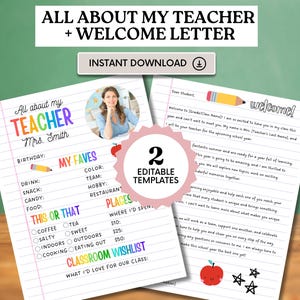 Encuesta Todo sobre mis favoritos de maestros Carta de bienvenida para el primer día de clases Plantilla editable para el regreso a clases Descarga instantánea