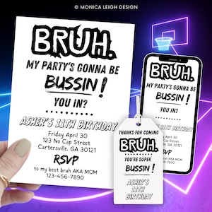 Convite de aniversário Bruh Evite Tag Bundle Bussin Teen Boy Convite para festa de aniversário digital download instantâneo