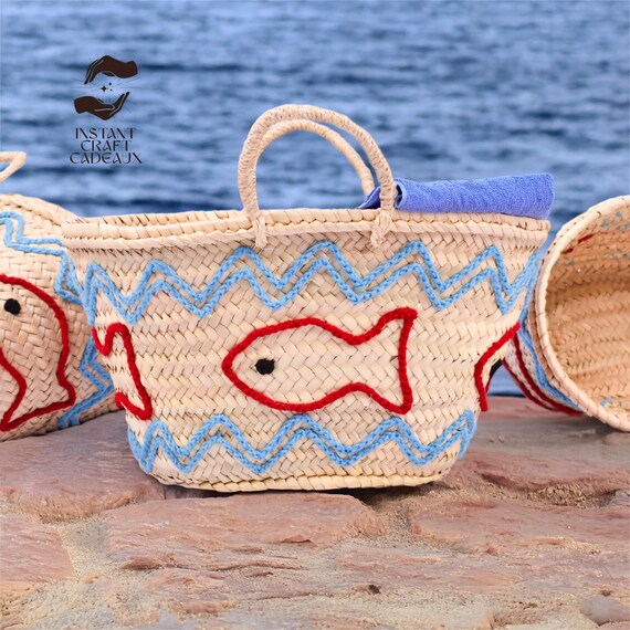 Handwoven Fish Motif Beach Basket – Unique Straw Tote for Summer