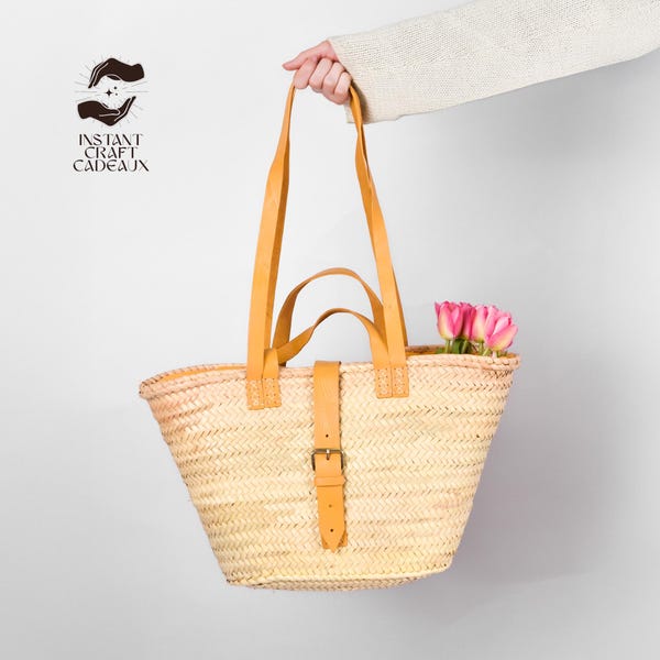 Handwoven Straw Market Basket with Leather Handles – French Style Tote, Moroccan Palm Bag, Farmer's Market, Beach Bag, Everyday Tote