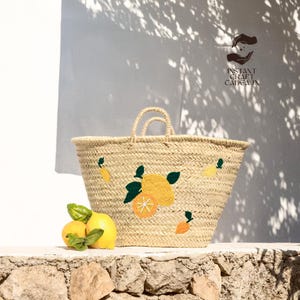 Zitronenstrohtasche, große Strandtasche, Sommer-Weekender, italienische Einkaufstasche, Handtasche mit Zitronendruck für Frauen