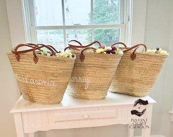 Customized Gift Baskets, Wedding Gift Monogrammed Tote, Bridal Shower Bags, Custom Beach Bag - Handmade Embroidered Straw Basket For Bride