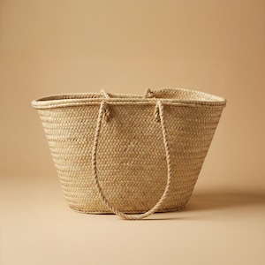 Large Handmade Moroccan Straw Basket Tote, Woven Palm Market Bag, Beach & Storage Basket, Short or Long Straw Handles