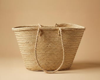 Large Handmade Moroccan Straw Basket Tote, Woven Palm Market Bag, Beach & Storage Basket, Short or Long Straw Handles