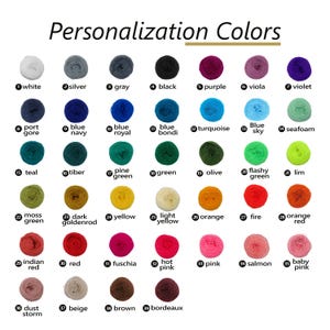 May include: A color chart titled "Personalization Colors" displays 39 yarn colors, each with a number and name. Colors range from white to black, with various shades of blue, green, yellow, red, and pink.