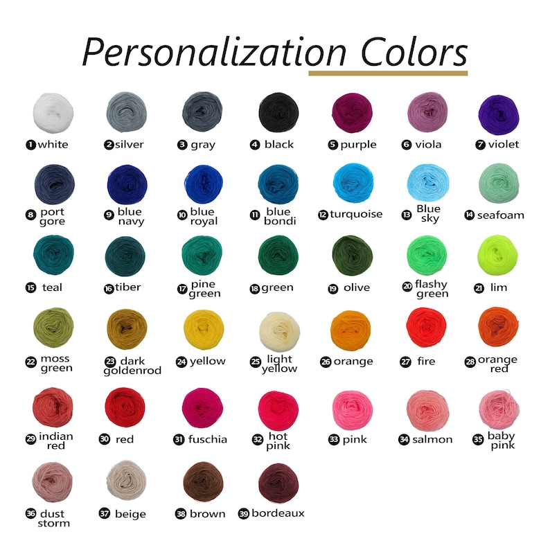 May include: A color chart titled "Personalization Colors" displays 39 yarn colors, each with a number and name. Colors range from white to black, with various shades of blue, green, yellow, red, and pink.