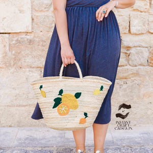 Zitronenstrohtasche, große Strandtasche, Sommer-Weekender, italienische Einkaufstasche, Handtasche mit Zitronendruck für Frauen