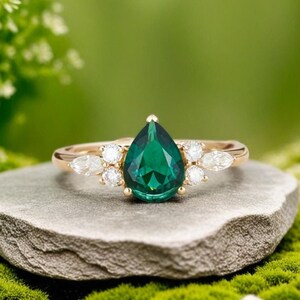 Tear Drop Wedding Ring Moissanite Engagement Ring Pear Shape Art Deco Wedding Ring Emerald Gold Ring Promise Moissanite Ring